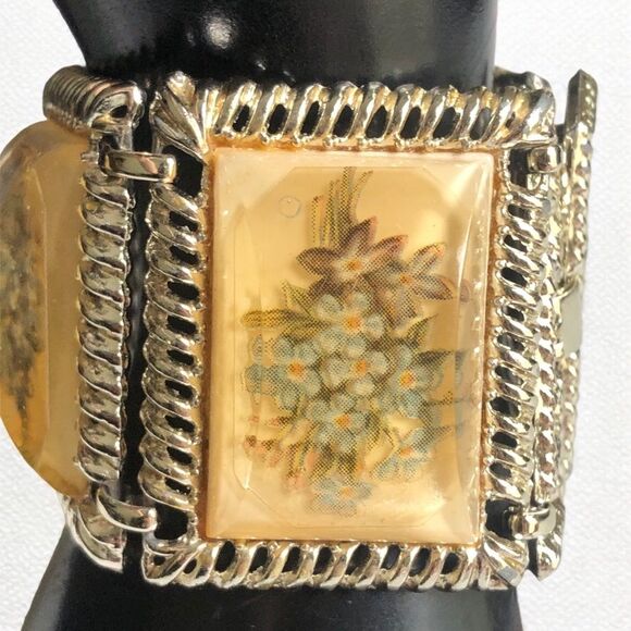 Wide Yellow Lucite Floral Panel Bracelet - Picture 7 of 9